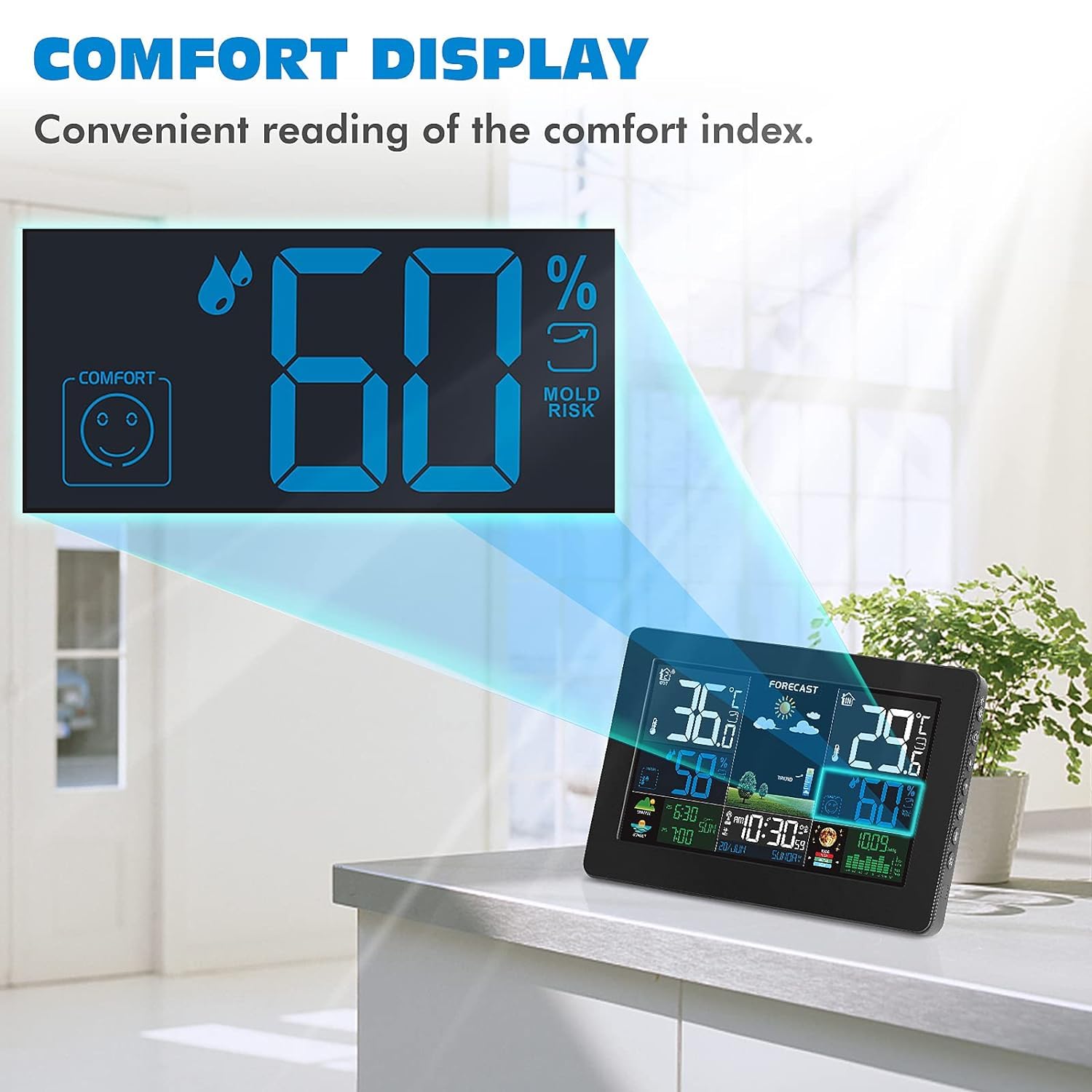 Stazione Meteo con Sensore Esterno, Barometro Digitale LCD Wireless DCF, Sveglia, Fase Lunare