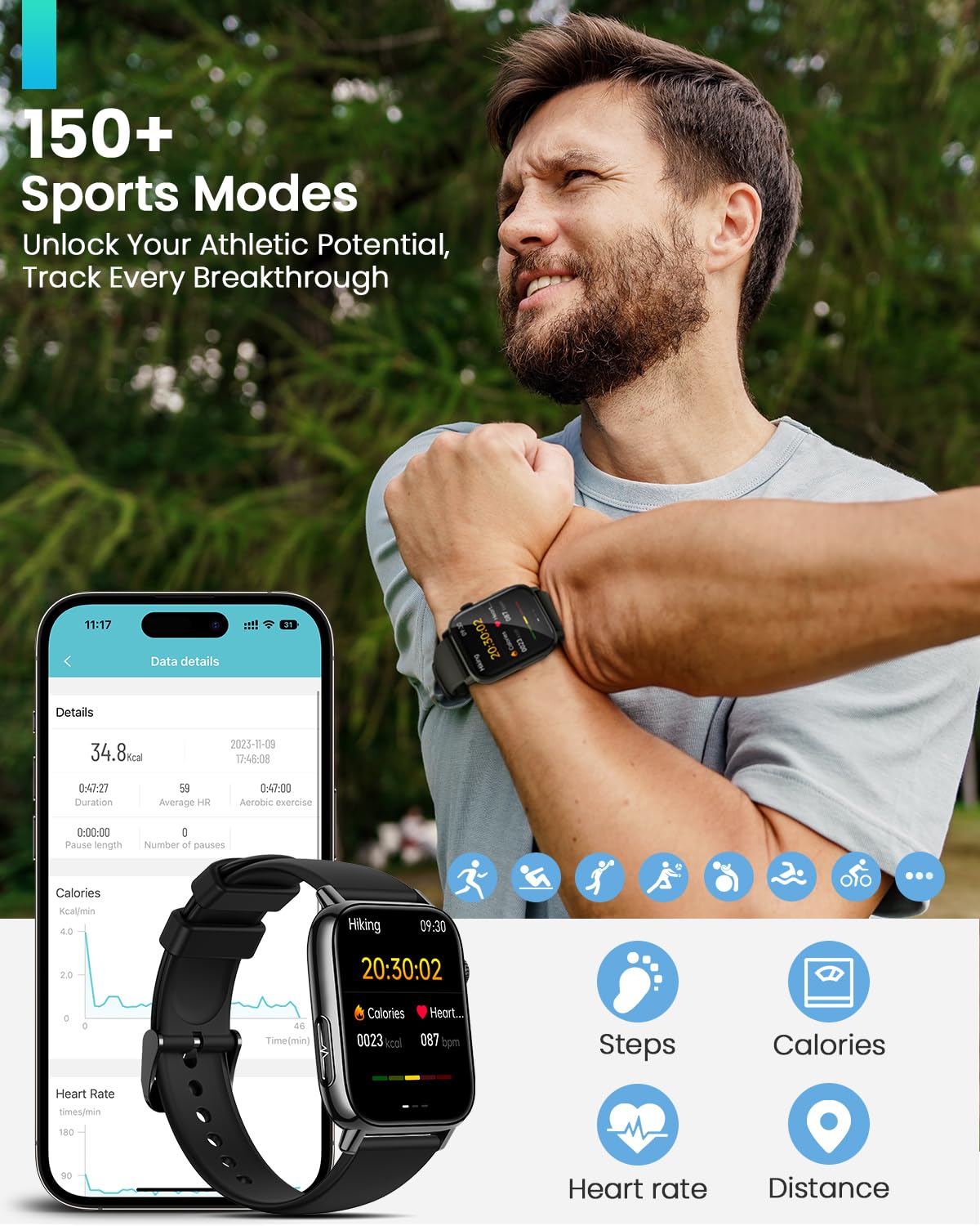 BANLVS Smartwatch Uomo con 𝐆𝐥𝐢𝐜𝐞𝐦𝐢𝐚/𝐇𝐑𝐕/𝐄𝐂𝐆, 1,83" Orologio Fitness con Chiamate, 24H Cardiofrequenzimetro SpO2, Sonno, 150+ Sport, Notifiche Messaggi, IP68 Android iOS Nero