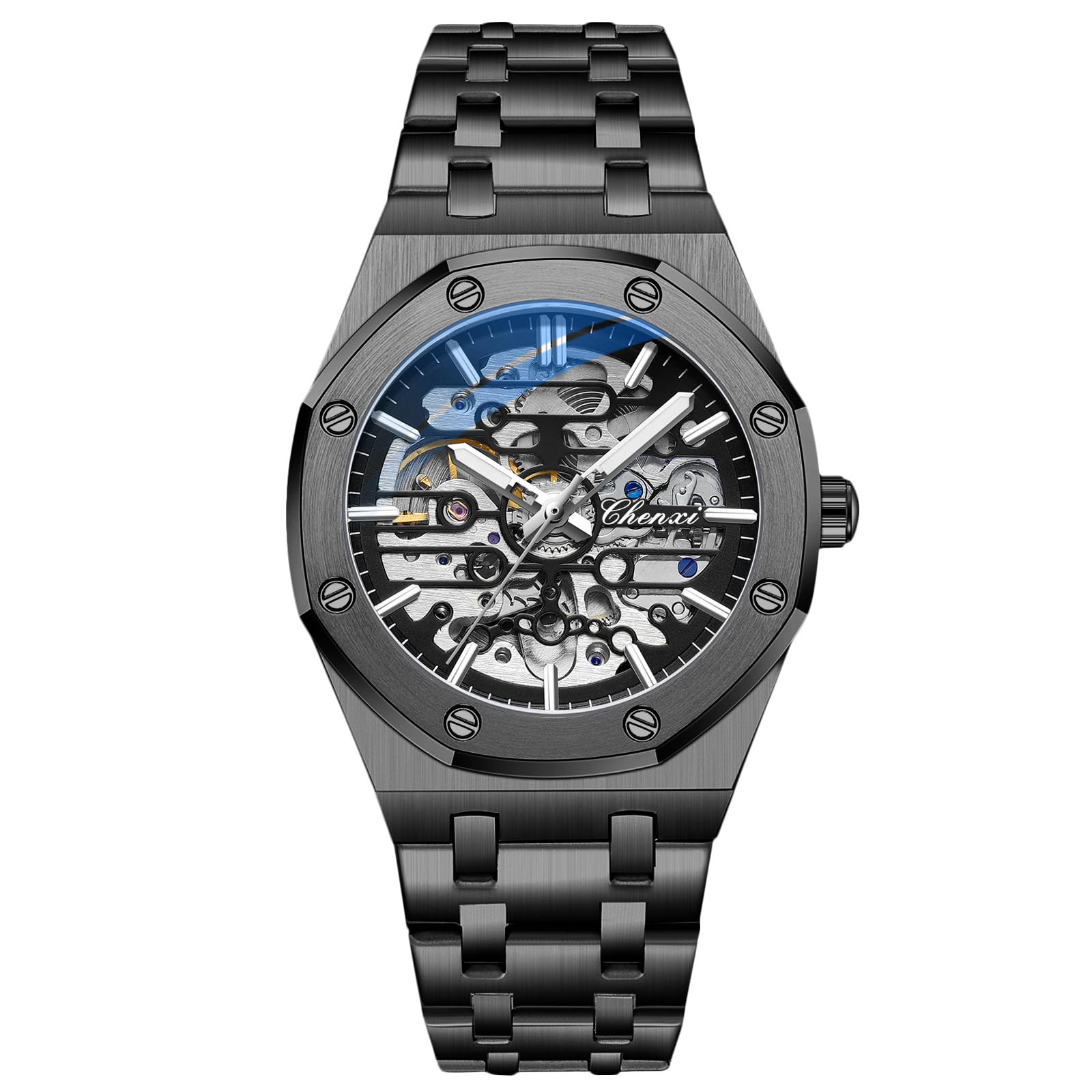 Herrenuhren Automatische Mechanische Uhr Leuchtend Uhr mit Edelstahl-Armband Skelett Militr Armbanduhr