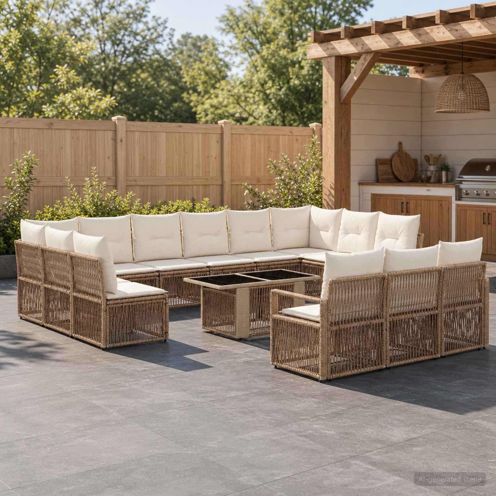 vidaXL Set Divano da Giardino 14 pz Beige e Bianco Crema polyrattan