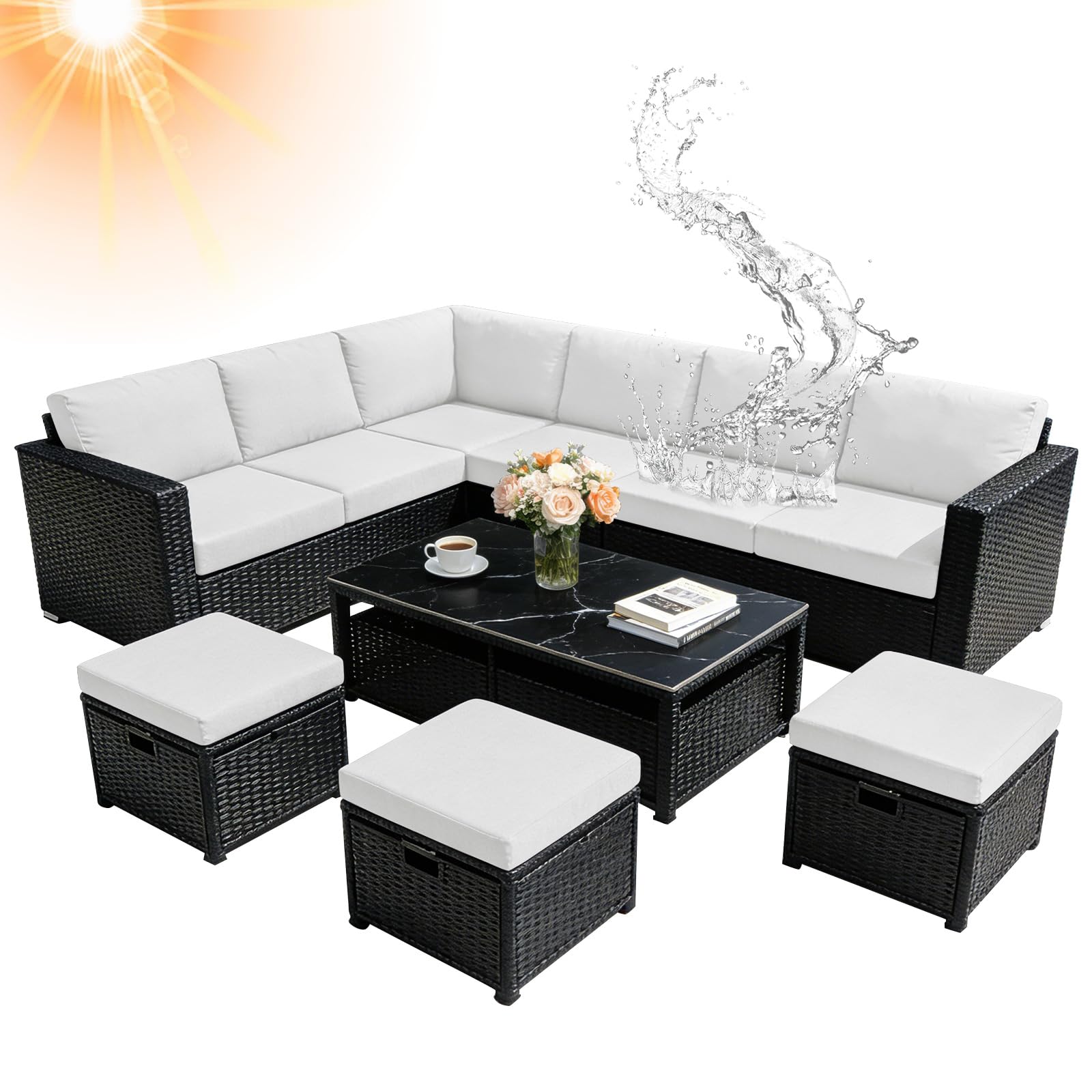 Waterproof Patio Cushion Covers 16pcs Set for Rattan Garden Corner Patio Dining Zipper Outdoor Cushion Covers Replacement Furniture (white,Set C (8pcs+8pcs))