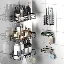 6-Piece Shower Shelf without Drilling, Matte Black Carbon Bathroom Organizer with 3 Shelves, 2 Soap Holders and 8 Hooks