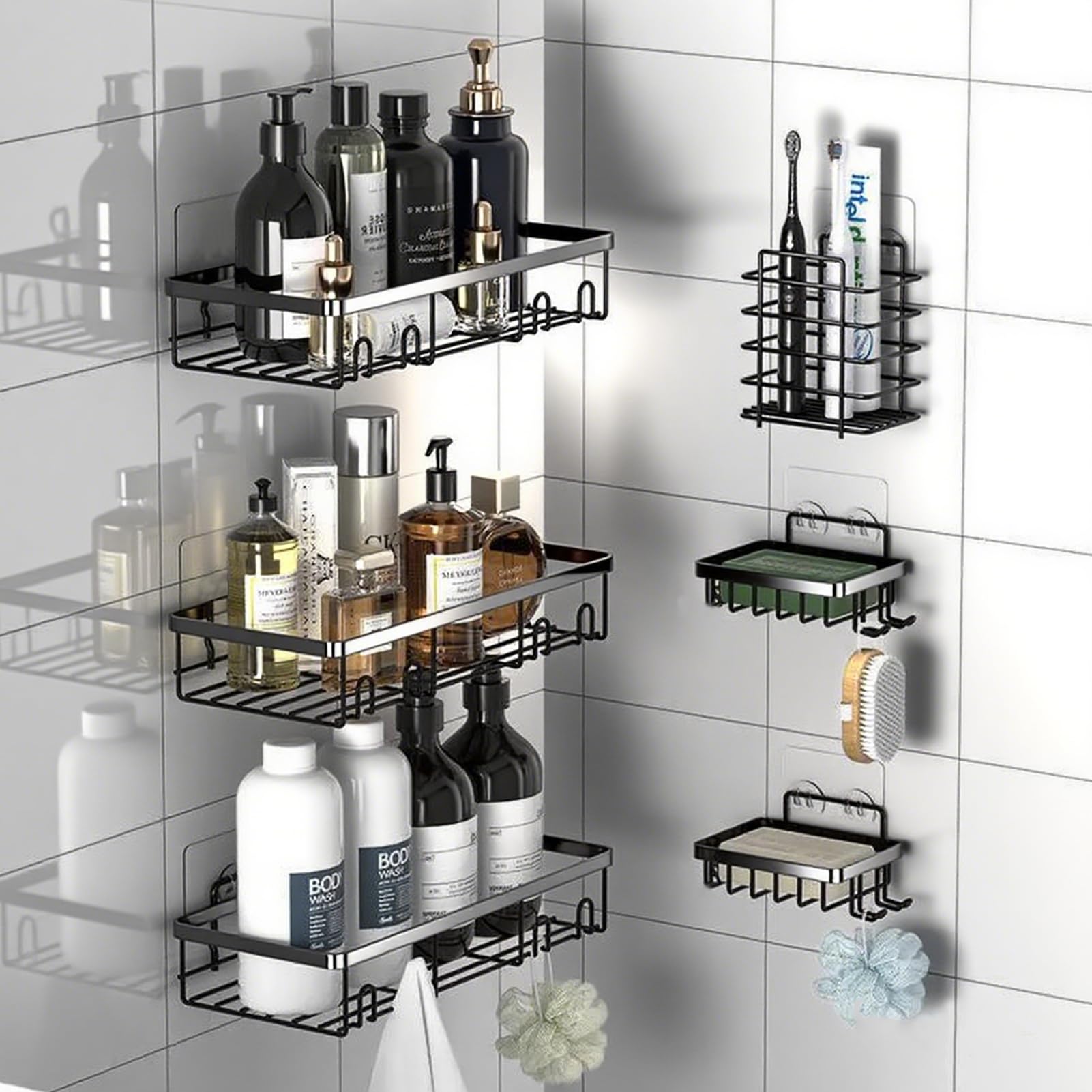 Vibrivio 6 Piece Shower Shelf no drilling, Corner Shower Caddy,Carbon Steel Matt Black Bathroom Organiser, Includes 3 Shelves, 2 Soap Dishes, Toothbrush Holder, Razor Holder & 10 Hooks