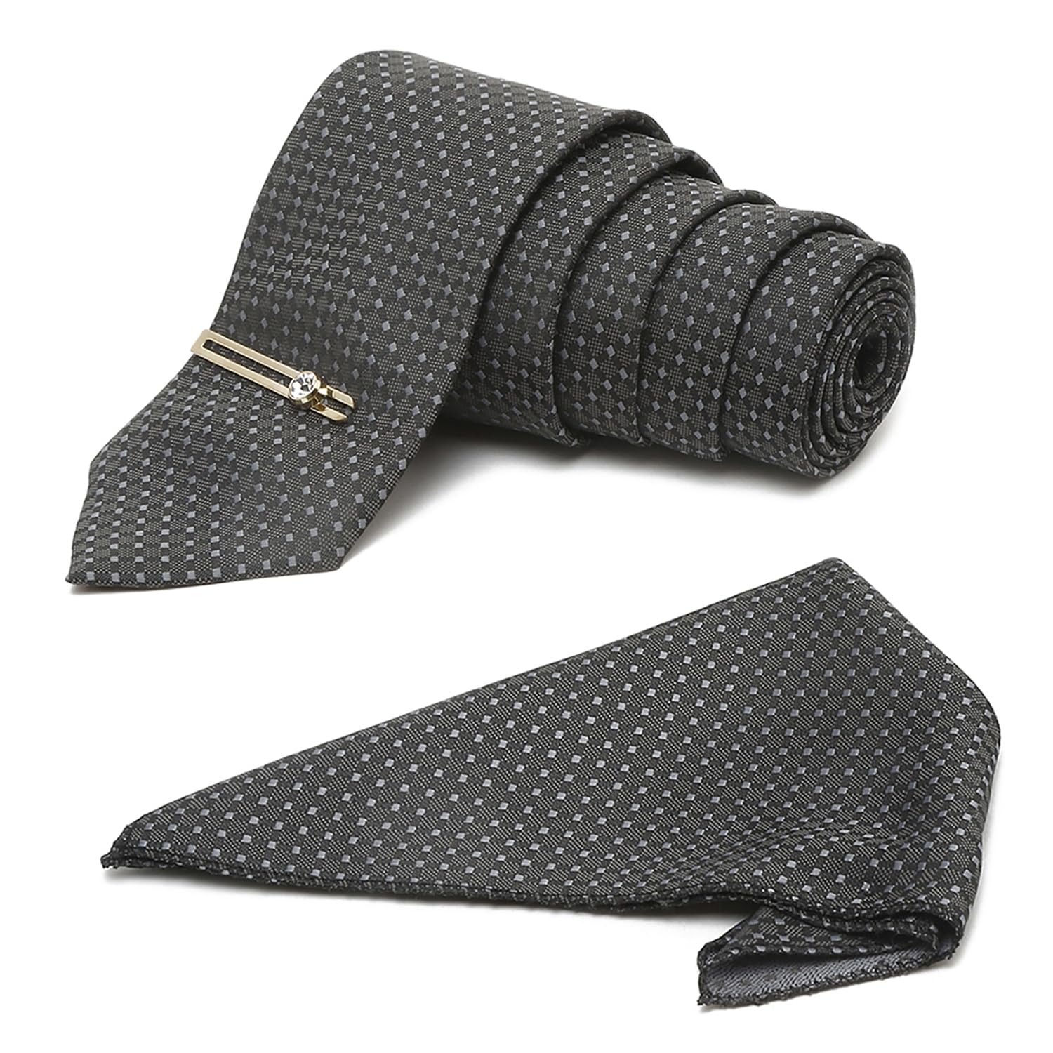 louis stitch Mens Dark Grey Italian Silk Necktie Set With Pocket Square and Gold Pin (Suit Accessories) (Czech)-picture-10