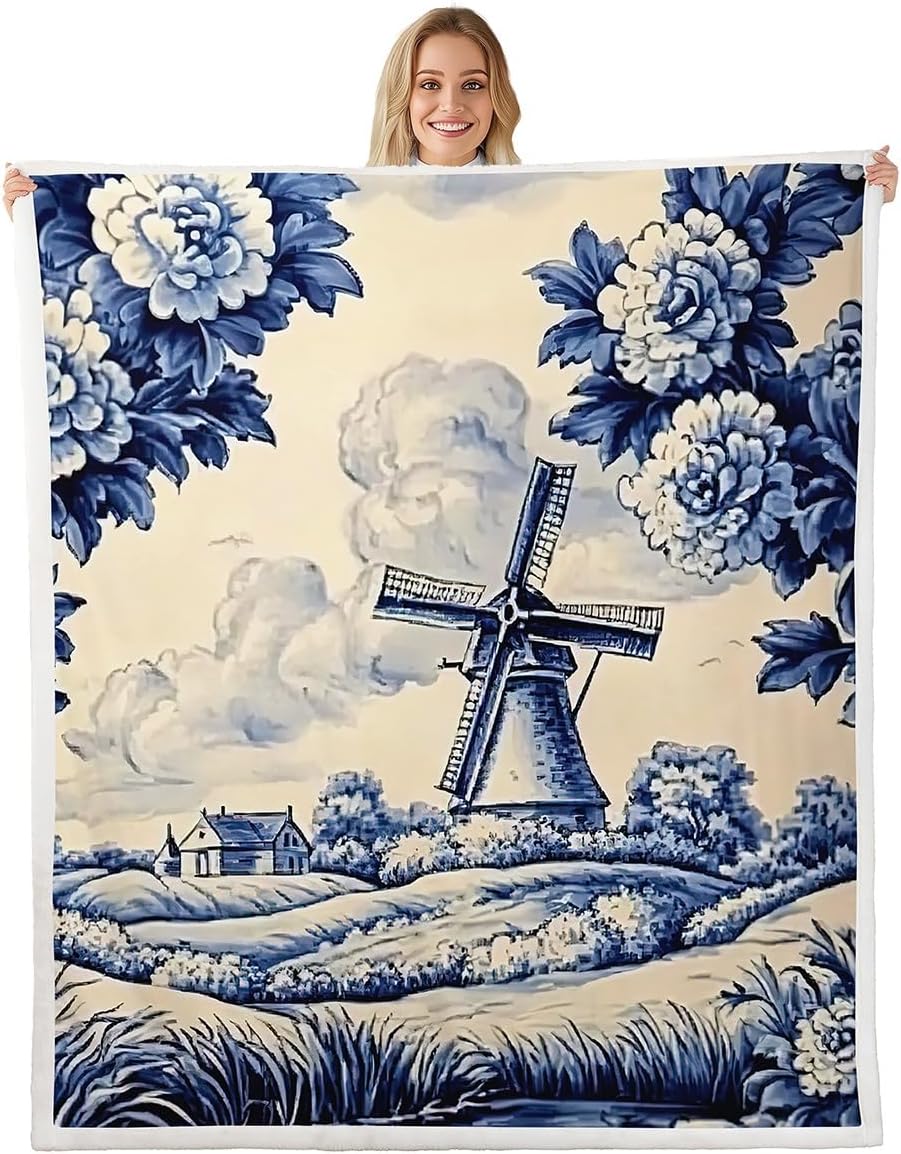 Erosebridal Vintage Dutch Windmill Plush Blanket Twin 60x80 Rustic Farmhouse Throw Blankets Retro Blue Floral Sofa Bed Couch Decor
