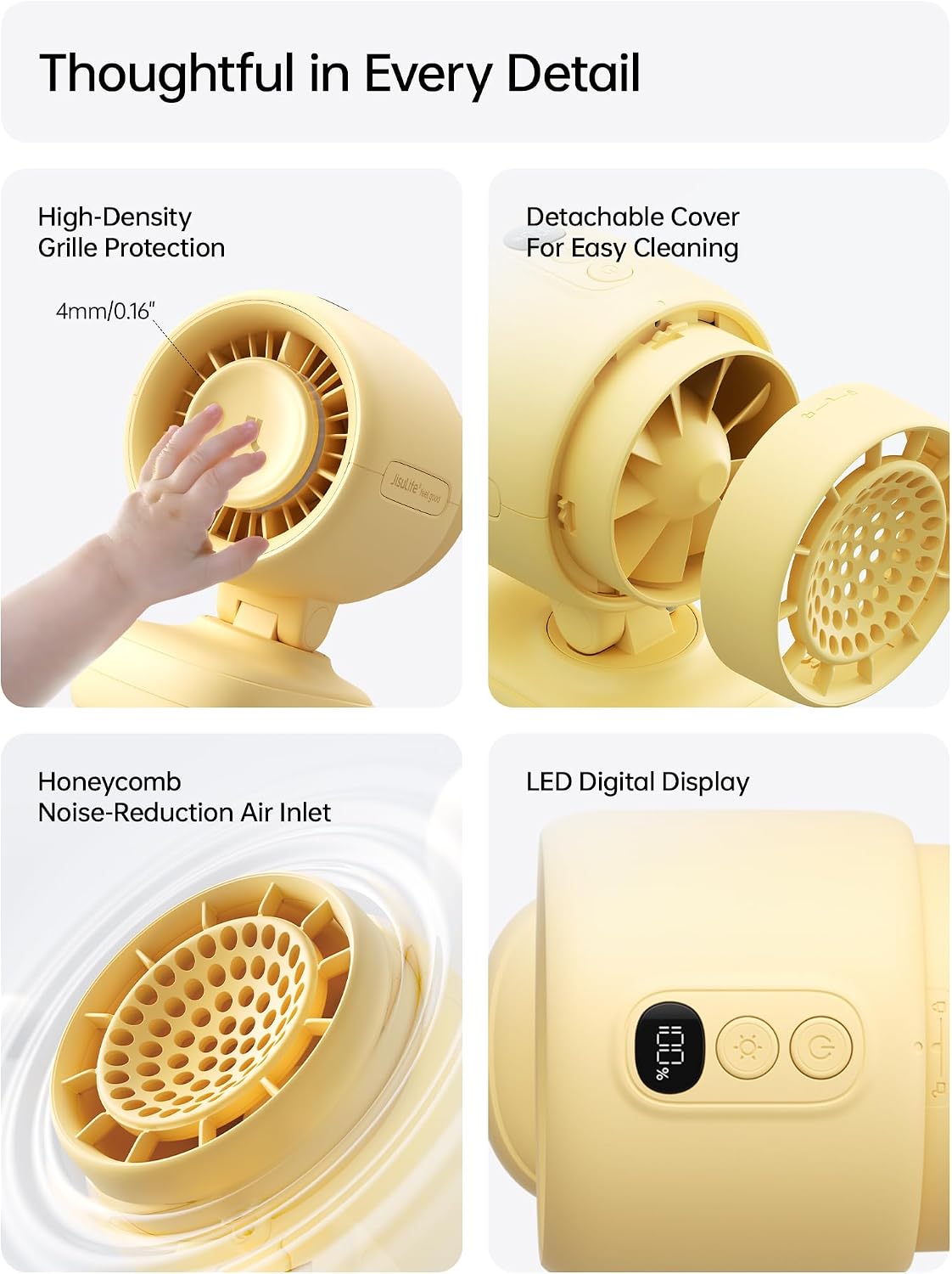 JISULIFE Stroller Fan 4 Quadpod Version with Clip Base - Yellow