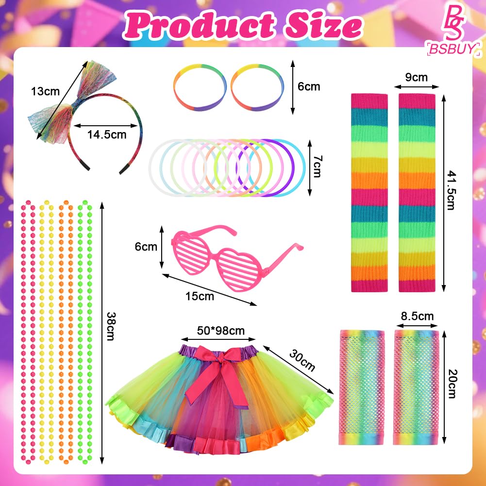 BSBUY 80s Fancy Dress Costume for Kids 21 Pcs 1980s Neon Costume Fancy Dress Outfit Dress Up with Tutu Skirt Fishnet Gloves Leg Warmers Glasses Bracelets Necklaces Headband Anklets Wristbands - Image 2