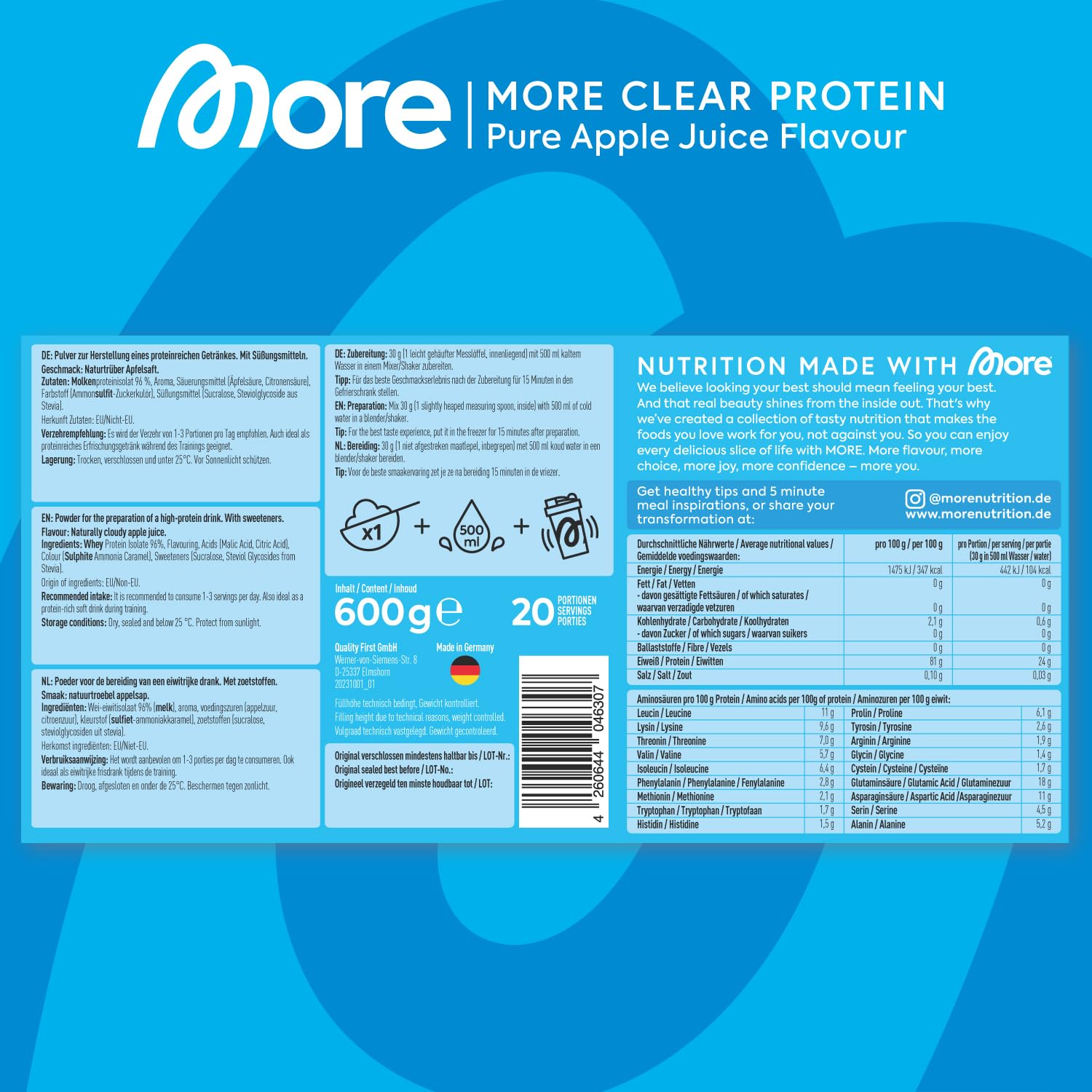 MORE Clear, Mango Juice, 2 x 600 g | Protein Drink mit Whey Isolat, clear Whey - made in Germany