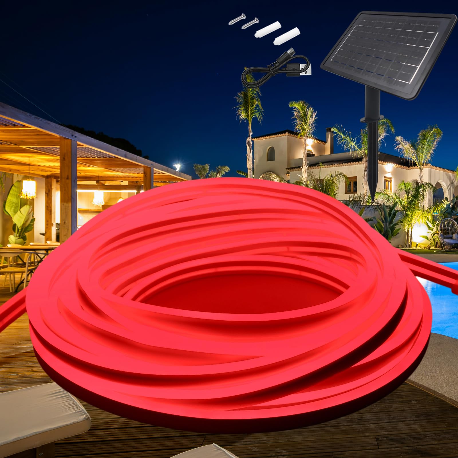 KISUFU 24V Solar Neon Light Strip, 120 LEDs/m IP68 Waterproof Outdoor Garden Solar Powered Fairy Lights with 7200mAh Solar Cell Box Controller for Patio Yard Party.