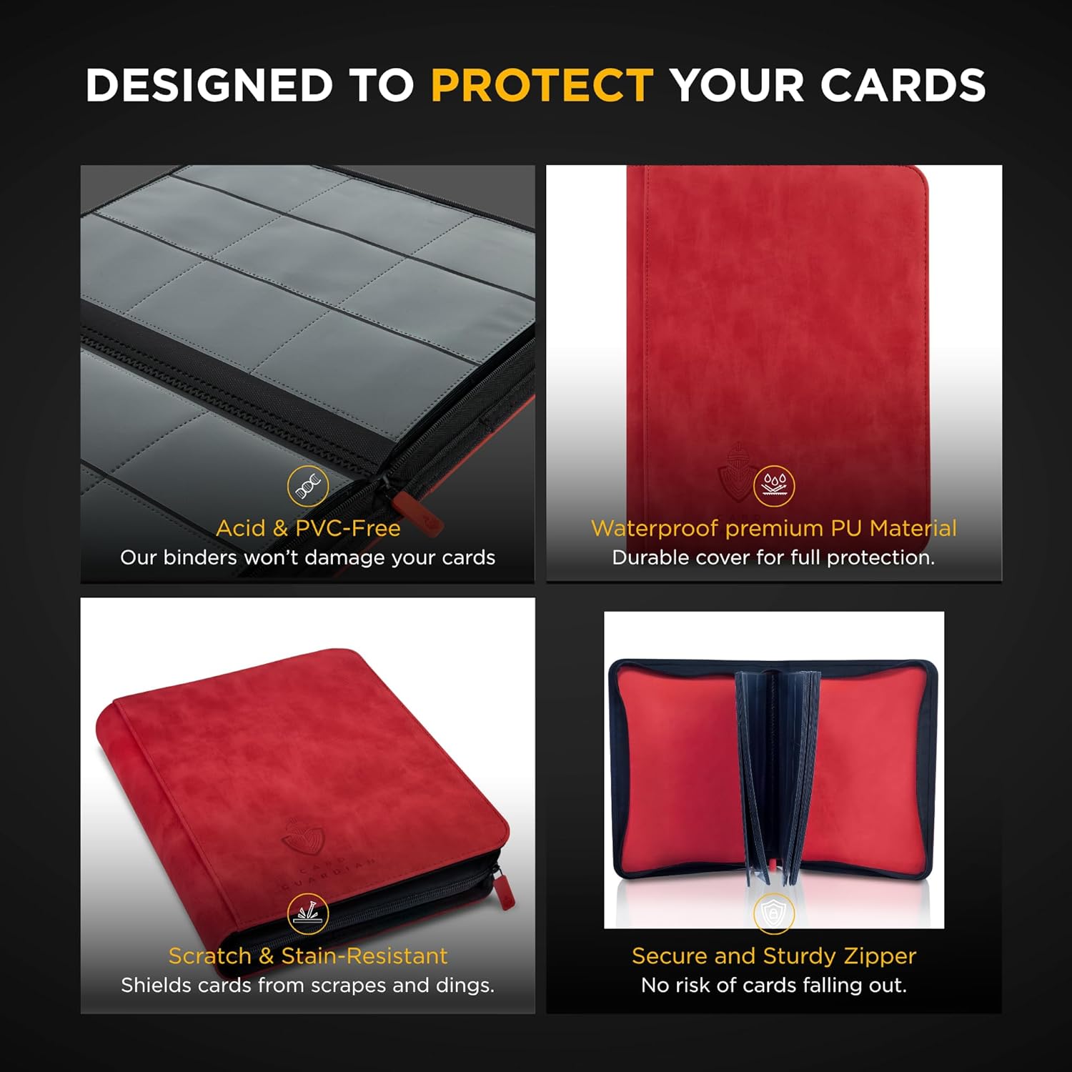 Card Guardian - 9 Pocket Premium Binder with Zipper for 504 Cards - Side Loading Pockets for Trading Card Games TCG (Red)