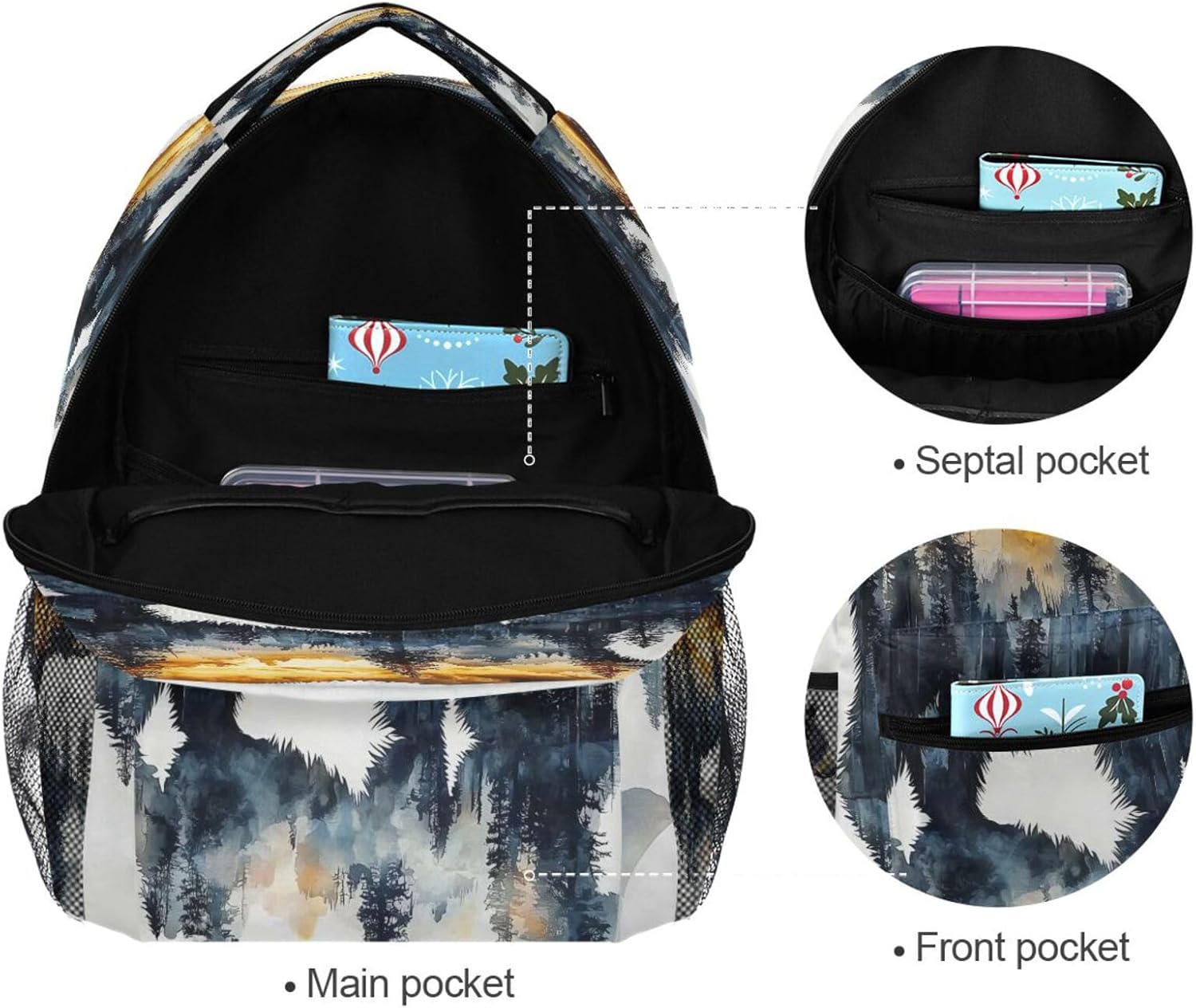 Backpack for Girls Boys, Teenager Bookbag College Rucksack Travel Daypack School Bag Kids Backpack Bear Forest Mountain Pattern