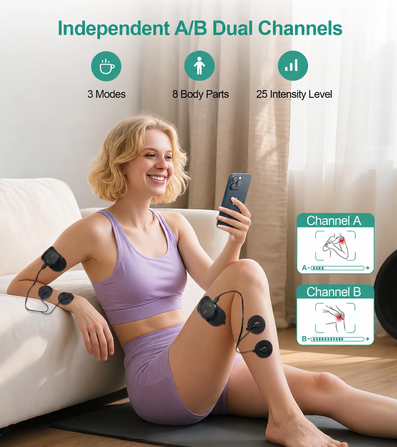 Medcursor Stimolatore muscolare con unità TENS - Apparecchio EMS wireless 3 in 1 a doppio canale con app e memoria, 25 livelli di intensità, 8 zone di trattamento, per alleviare i dolori alla schiena