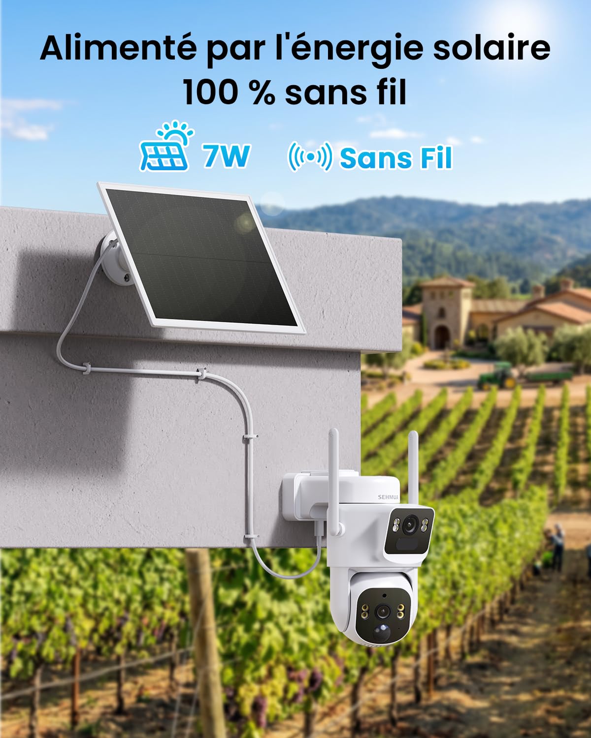 SEHMUA 4G LTE Caméra Surveillance Solaire avec Carte SIM 【Double Objectif】 | 2K+2K Caméra Extérieure Sans Fil, Détection Humaine par IA, Vision Nocturne Couleur, 360° PTZ, Audio Bidirectionnel, IP65