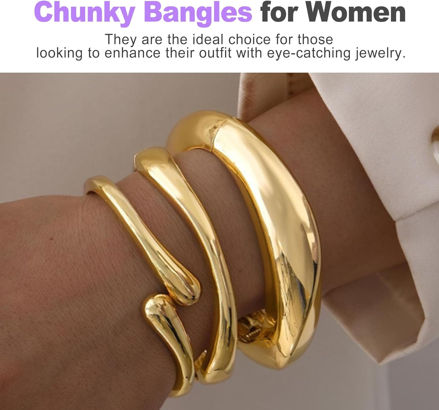 3 Pcs Gold Plated Chunky Bracelets for Women Stackable Bangle Cuff Set Fashion Statement Gold for Stylish Everyday Wear and Gifts - Image 4