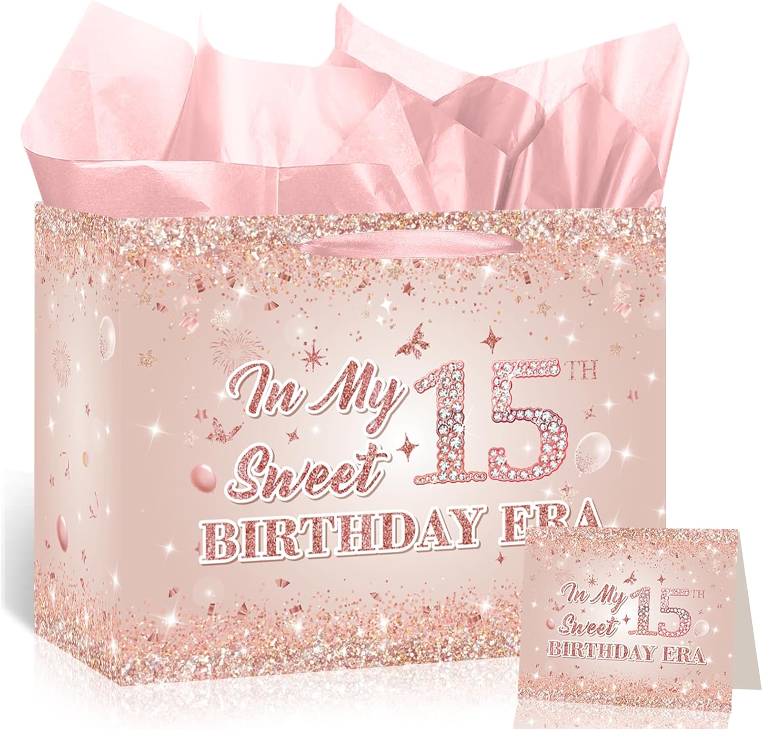 TagreSpike Sweet 15th Birthday Gift Bag for Girls, Rose Gold 15th Gift Bag with Greeting Card and Tissue Paper Pink In My Sweet 15th Birthday Era Wrapping Paper for Girls 15 Year Old Party Favors