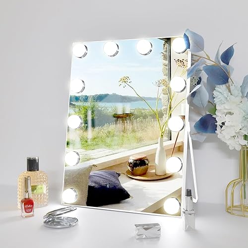 Espejo de tocador de 10 x 12 pulgadas con luces, espejo de maquillaje iluminado Hollywood con 3 modos de color y 12 bombillas LED de diamante