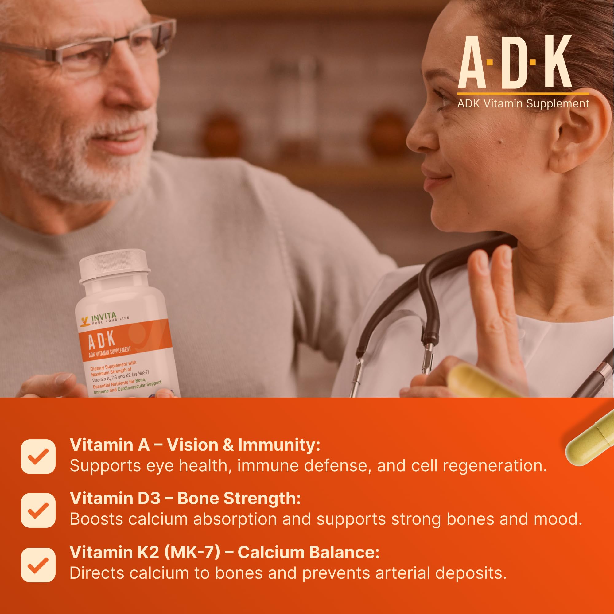 INVITA, ADK Vitamin Supplement – 90 Capsules – High Potency of Vitamin A, D3 5000 IU & K2-MK7 – Physician Formulated for Bone, Heart & Immune Support – Non-GMO, Gluten Free (3-Month Supply) — Amazon image 4