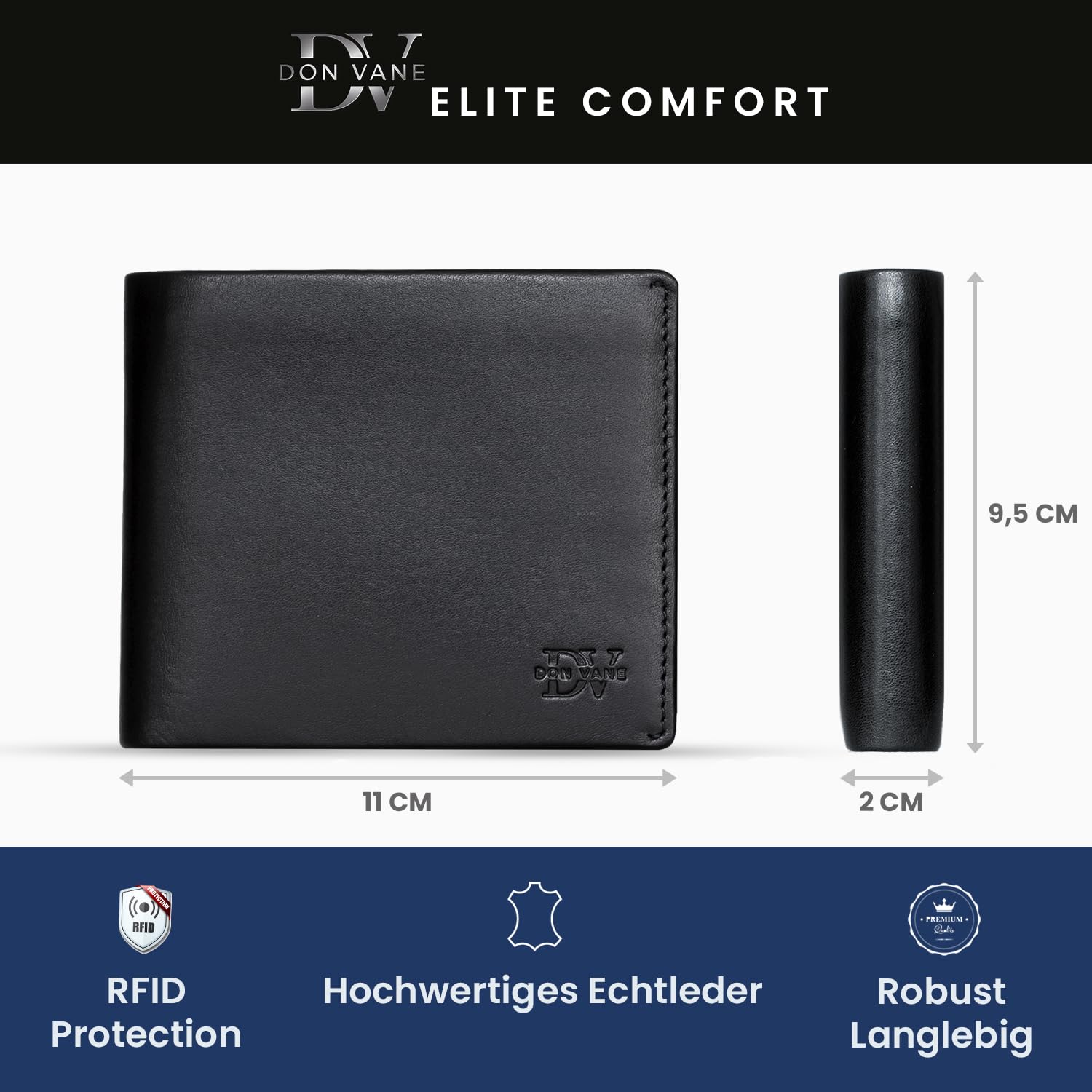 Elite Comfort – Echt Leder Geldbörse Herren schwarz inkl. Geschenkbox – RFID Portemonnaie Portmonee mit 11 Fächern – Echtleder Geldbeutel für Männer 11 x 9,5 x 2cm