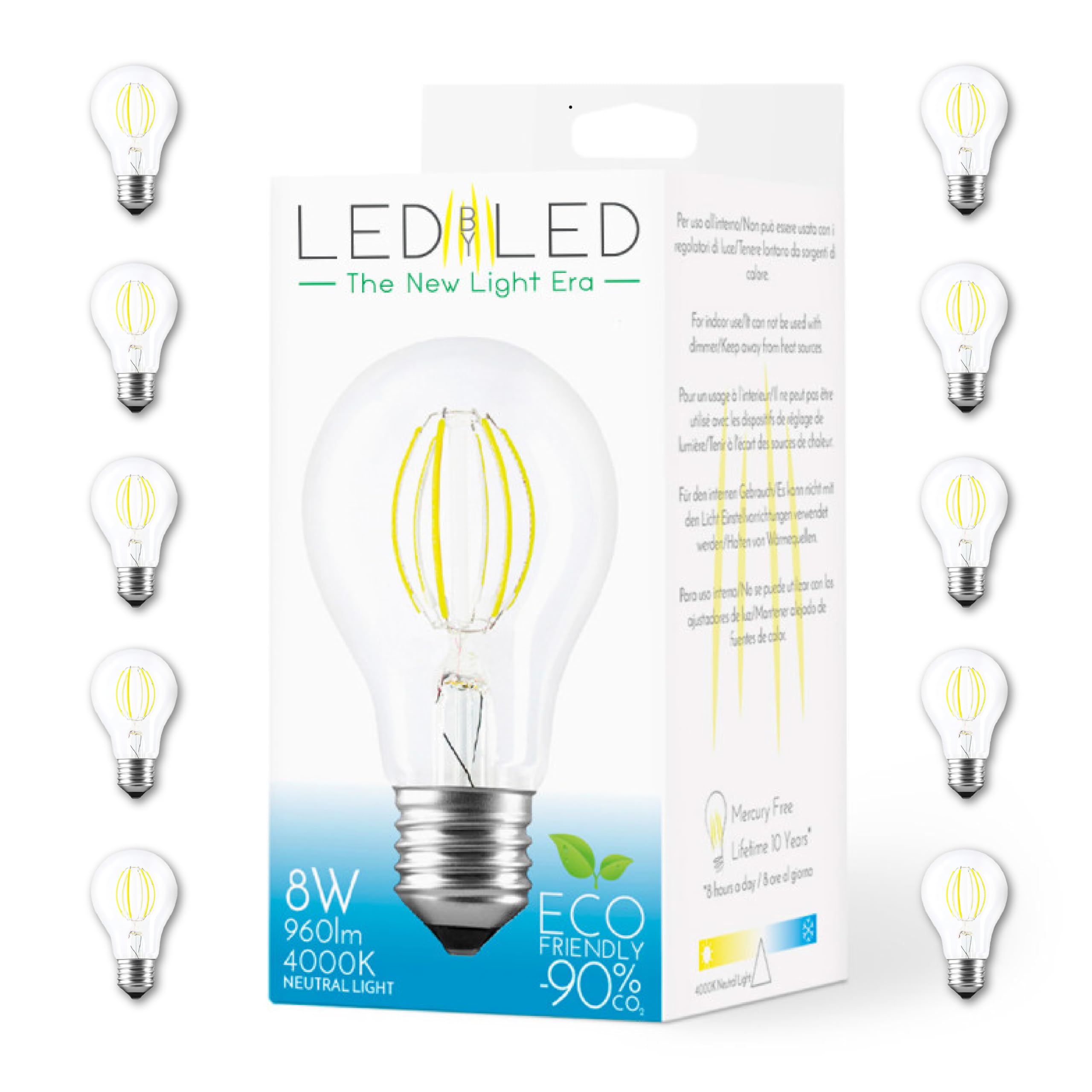 Bombilla Gota 8W Equivalente a 80W, E27, Cristal Esmerilado, 4000K Luz Natural, Filamento Curvo, 1040 Lúmenes, Paquete de 10 unidades