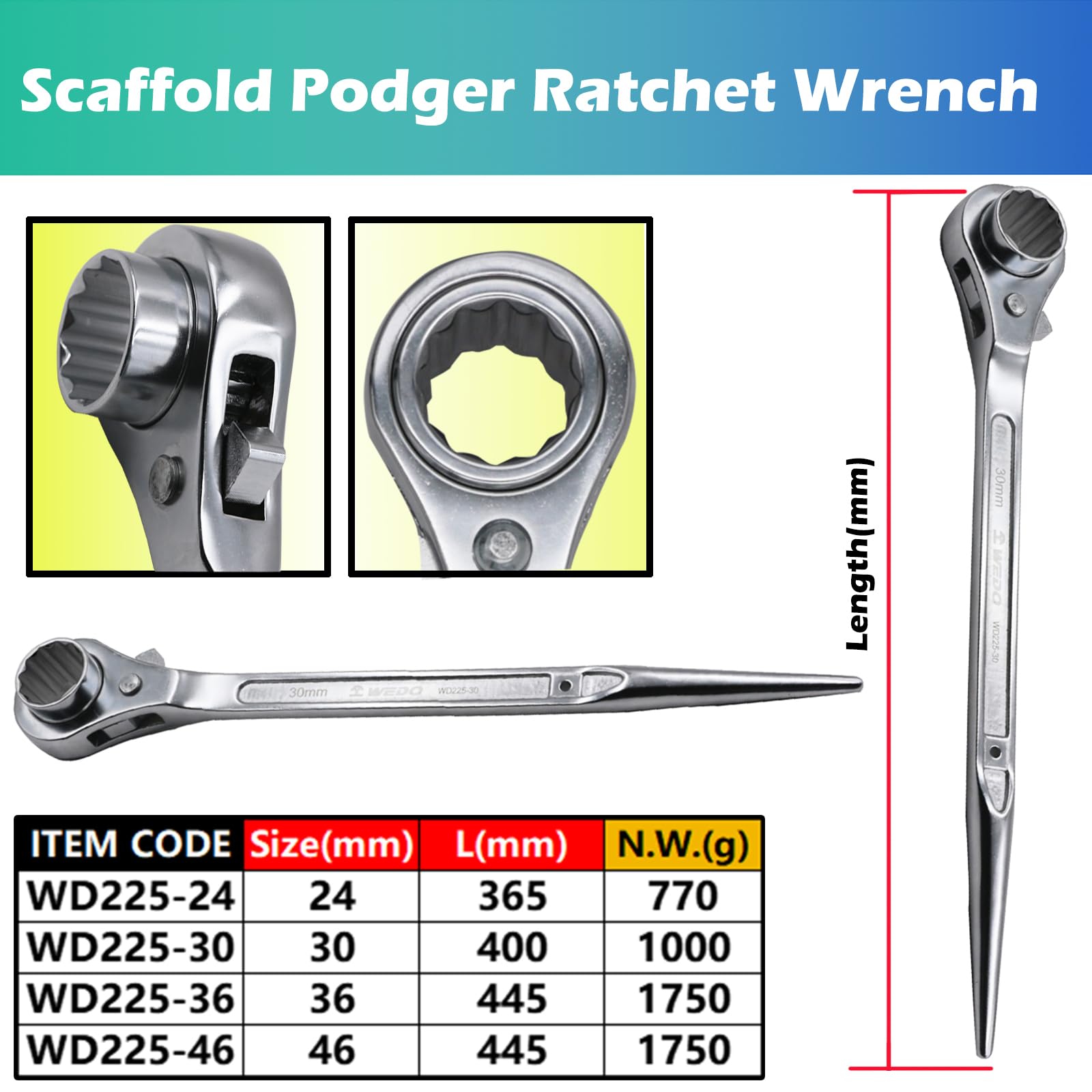 WEDO Scaffold Podger Ratchet Wrench, Ratchet Podger Spanner, One Side Socket Spanner,Quick Release Spud Wrench - Image 2