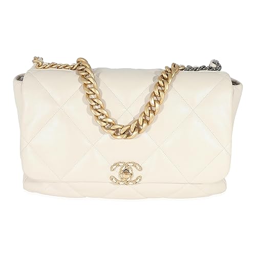 Pre-Loved Ivory Shiny Quilted Lambskin Maxi 19 Flap Bag, Beige