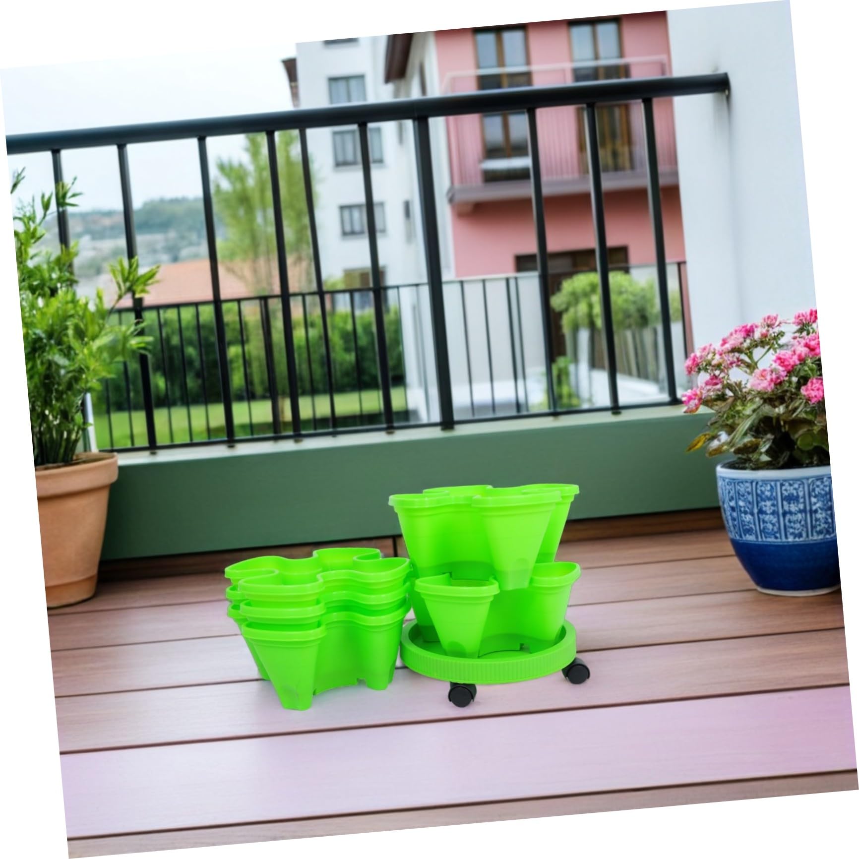 Tour de Plantation à Fraises Empilable, Pot de Fleurs Empilés à L'extérieur, Abs, Multi-Couches, Vert, Roues, pour Balcon Extérieur, Petits Fleurs et Légumes
