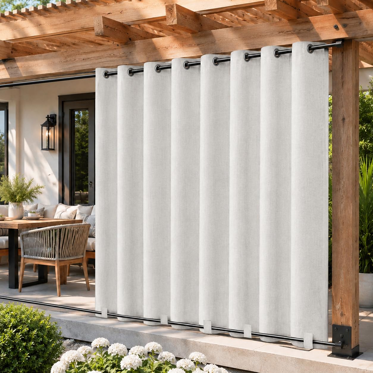 100%Occultant Extra Large Rideau Extérieur à Œillets Haut Tissu Aspect Lin | Rideaux d'Extérieur Imperméables et Isolants Thermiques, Passants en Bas, Idéals pour Pergola et Patio, 274H cm Gris-blanc
