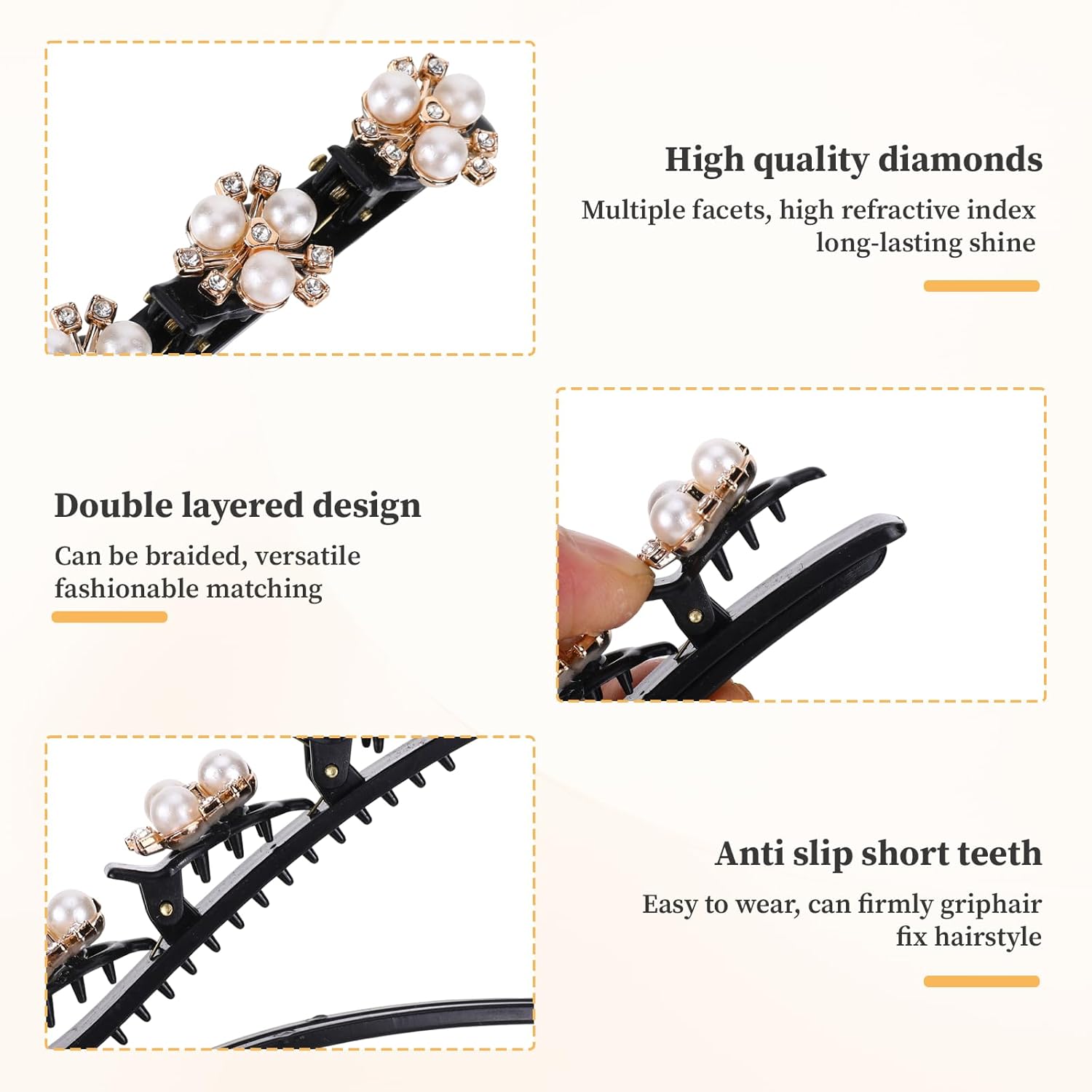 8 Pcs Braided Hair Clips Double-Layer Flower Pearl Sparkling Crystal Stone Clips For Styling Partitions, Decorative Rhinestone Hair Accessories for Women Girls with 3 Small Flowers Pearl - Image 4