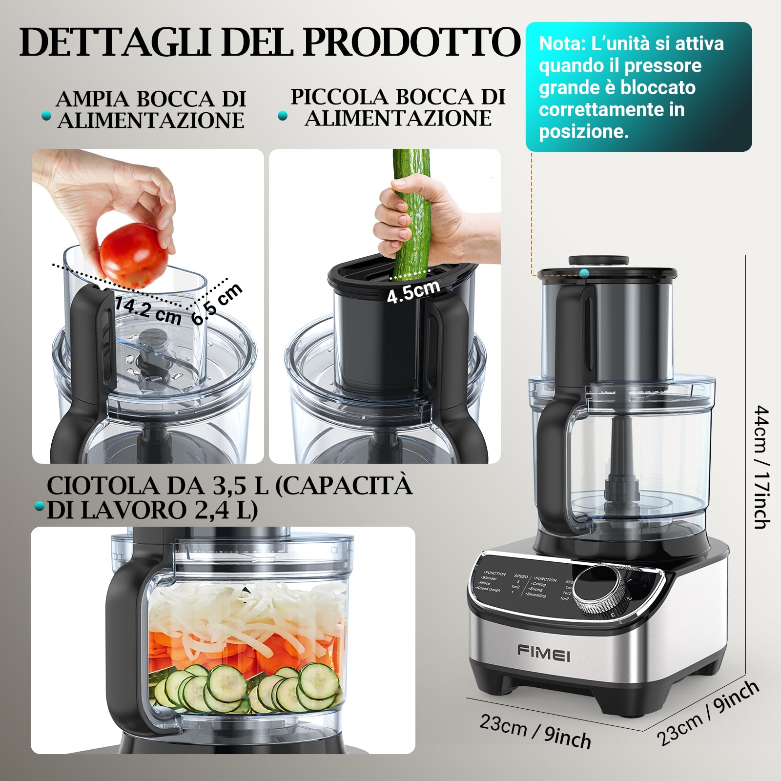 FIMEI Robot da Cucina Multifunzione 1300W, 3 Velocità e Funzione Impulso, Tritatutto 3,5L, Frullatore 1,5L, Smerigliatrice, Spremiagrumi, Impastatrice, Frusta, Grattugia, Disco Rotante