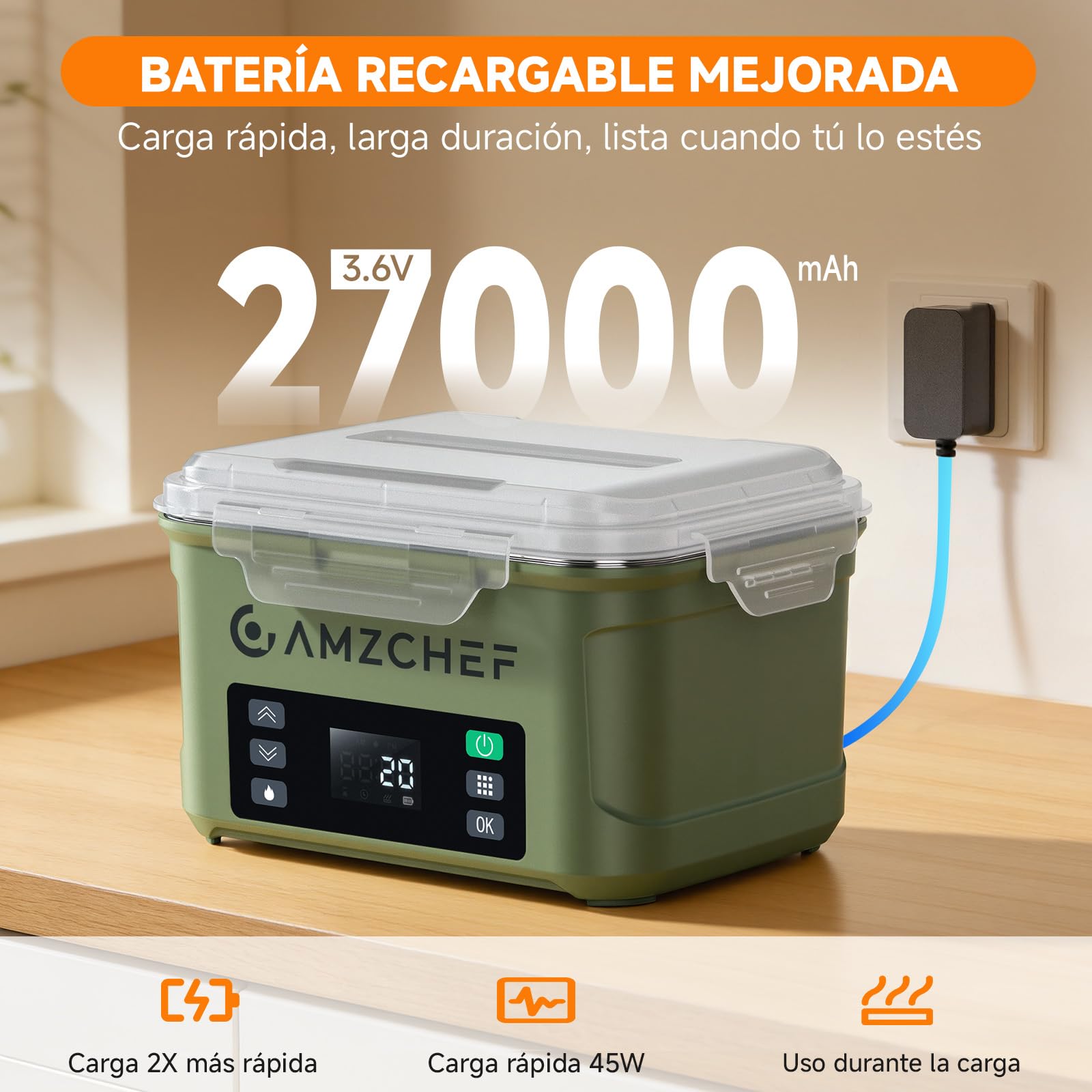 AMZCHEF Fiambrera Electrica de 1,5 L - taper electrico para comida de 27 000 mAh, calentamiento en 5 caras, función de calentamiento instantáneo, con reloj y memoria, recarga rápida (verde) | Fiambrera portátil de 1,5 l con calentamiento instantáneo, func
