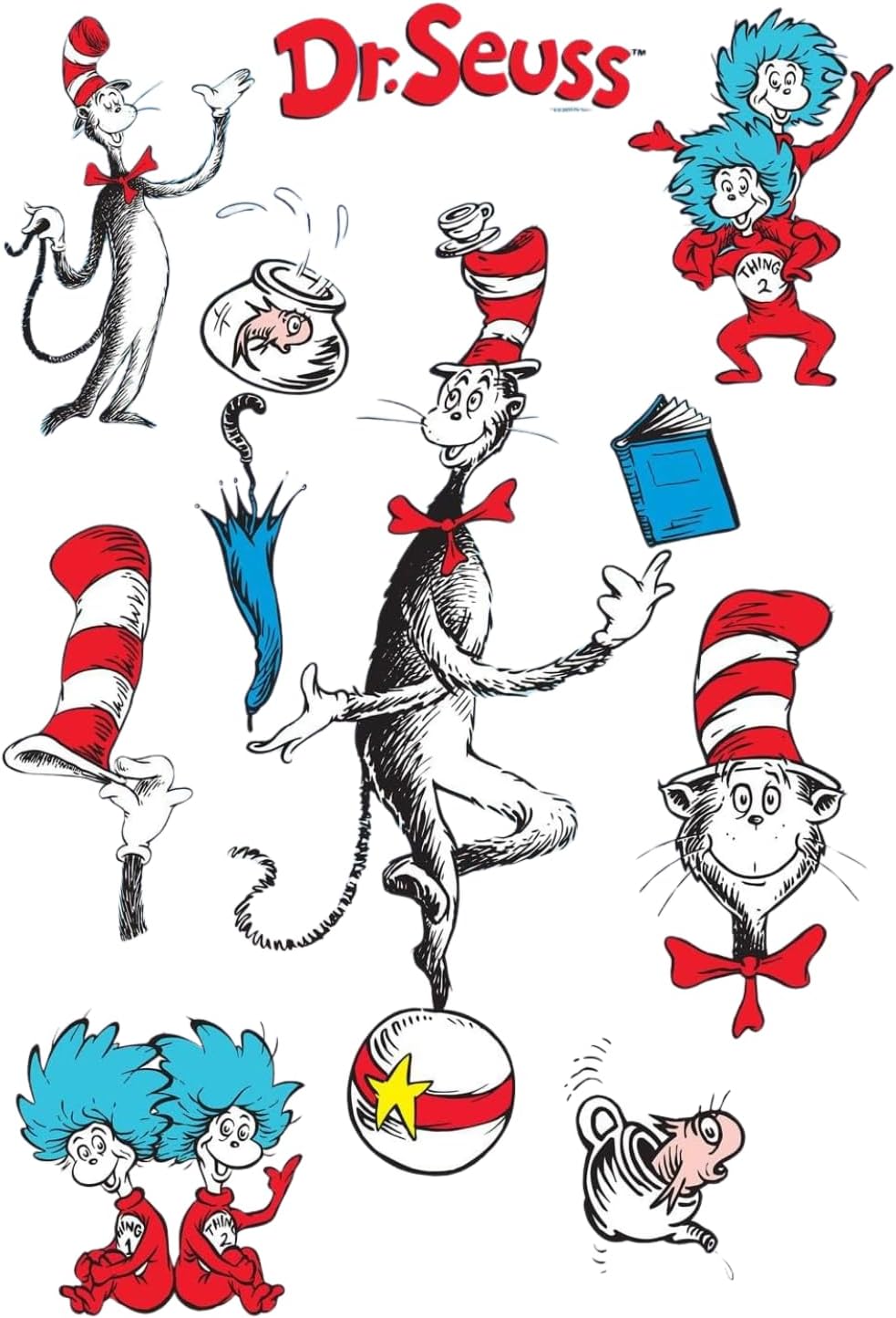 Dr. Seuss The Cat in The Hat Characters Wall Sticker Decals, Removable Vinyl Stickers for Kids Bedroom, Nursery, Playroom, Classrooms - Officially Licensed