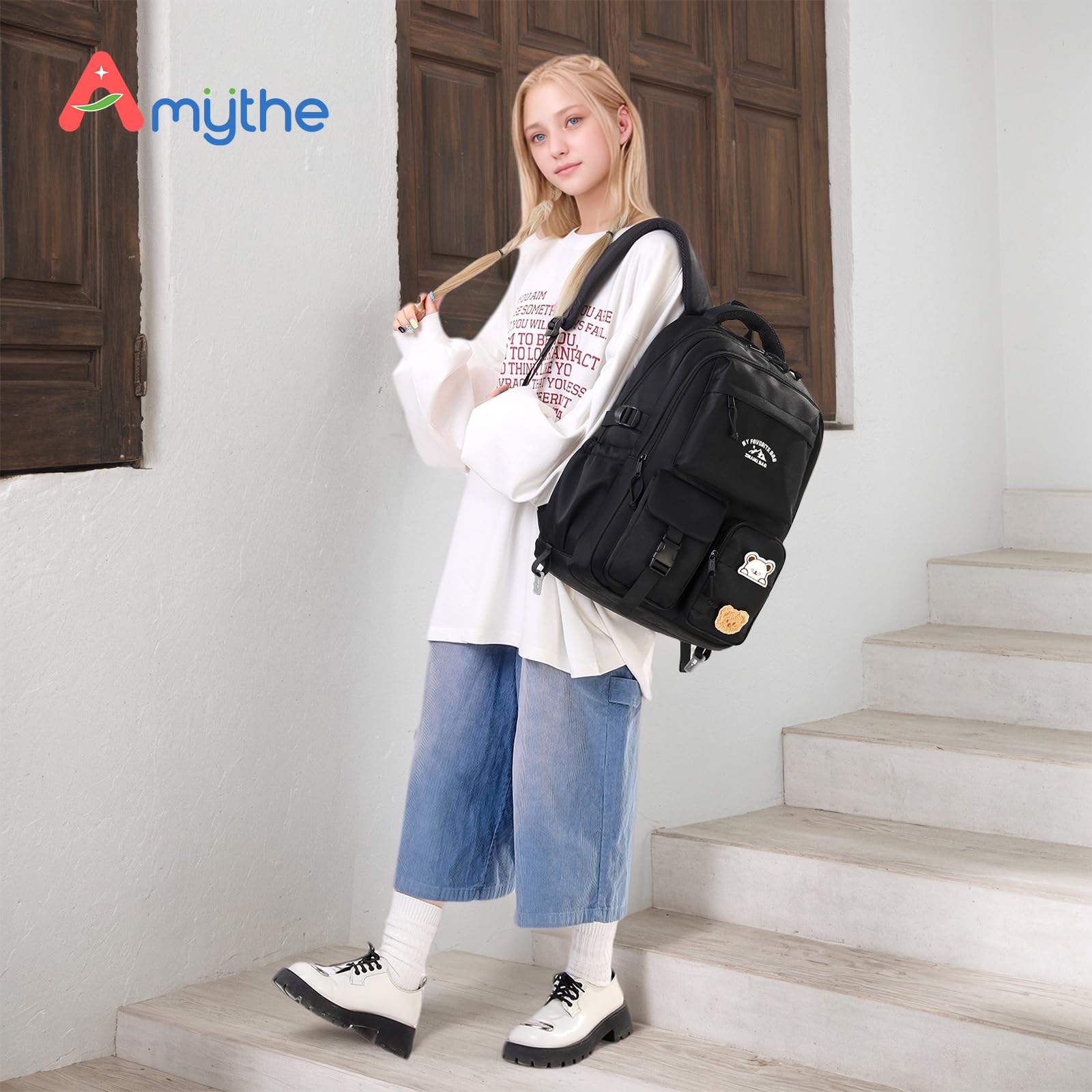 Amythe Schulrucksack Mädchen Teenager, Schulranzen Mädchen Großer mit Vielen Fächern, Lässiger Rucksack Schule mit Süßen Anhängern und Abzeichen für Mädchen 3. bis 7. Klasse, Schwarz