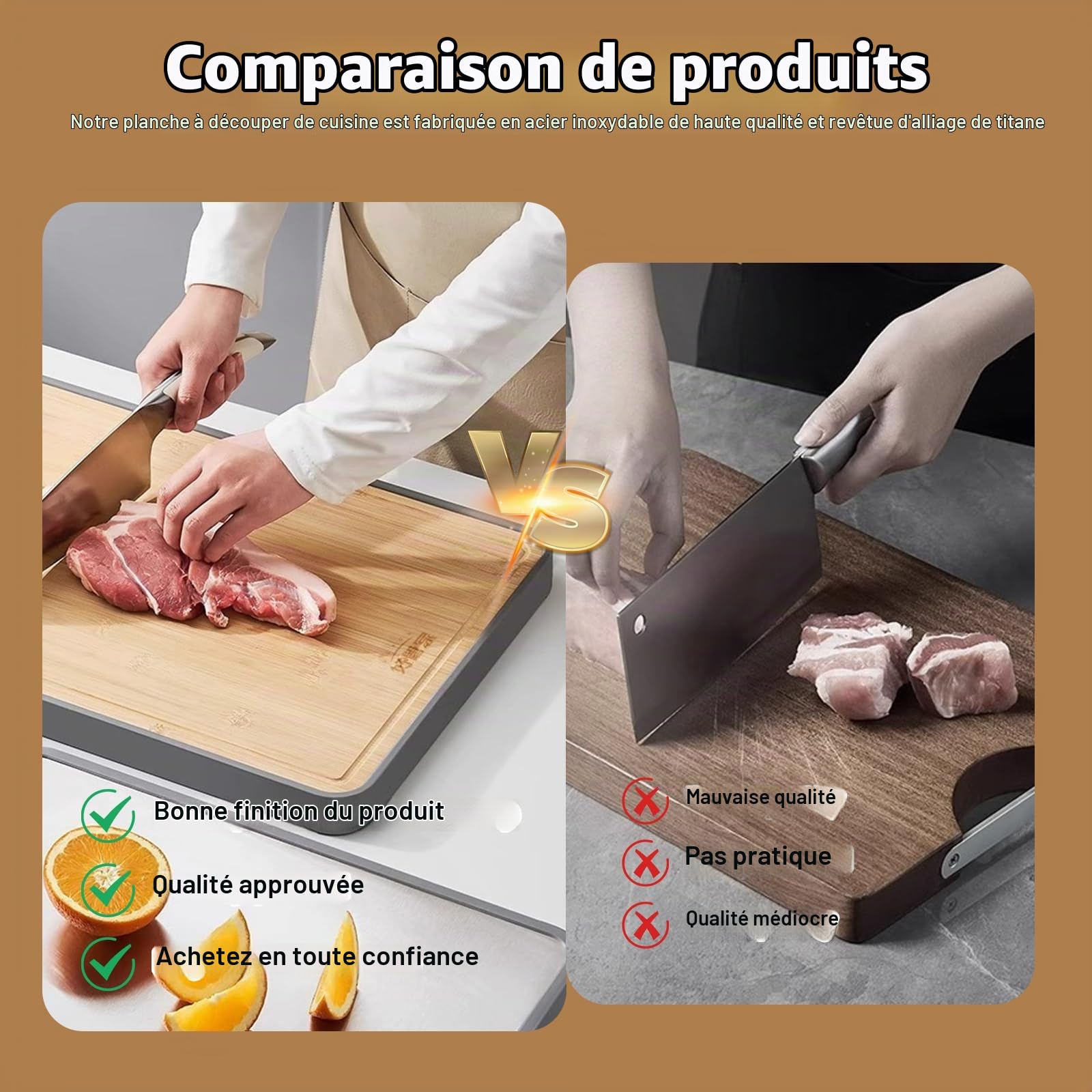 Planches à découper pour la cuisine - Planche à découper en titane - Planche à découper en acier inoxydable - Planche à découper double face - Avec rainure à jus - Antidérapantes - Antiadhésives et