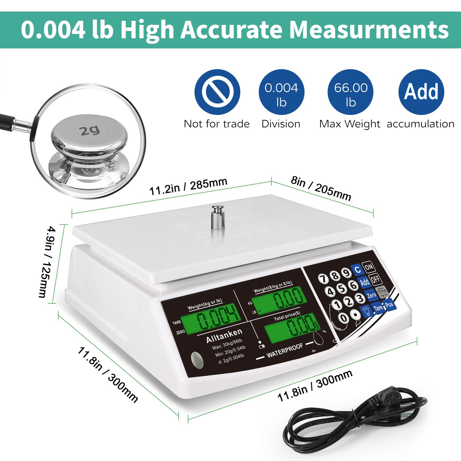 Báscula de cálculo de precios impermeable IP68, báscula digital de 66 libras para alimentos comerciales y carnes con pantalla LCD verde