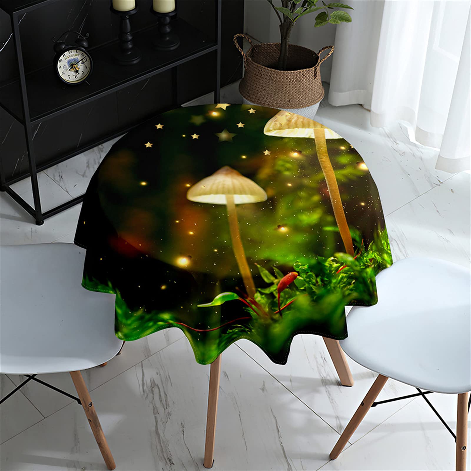 Morbuyshop Yellow Stars Morbuy Round Tablecloth For Circular Table, 3D Mushroom Print Tablecloths Waterproof Stain Resistant Wipeable Table Cloths For Home Party Kitchen Dinning (,Diameter 120Cm)