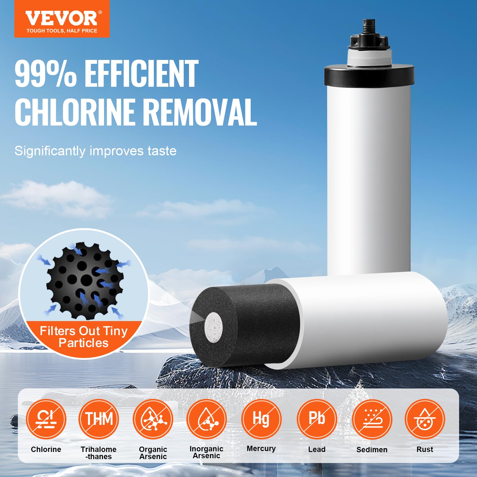 VEVOR System filtracji wody grawitacyjnej, system filtracji wody na blacie ze stali nierdzewnej 2,25G 304, redukuje ołów i do 99% chloru, z 2 ceramicznymi filtrami węglowymi, czopem i stojakiem