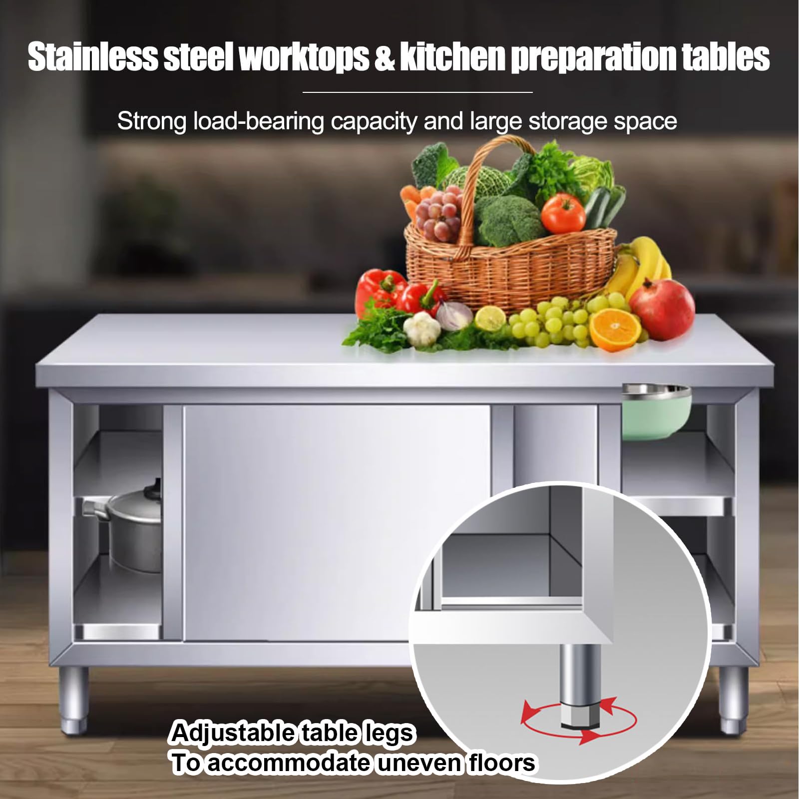 Plan De Travail Cuisine Plaque INOX Cuisine Plan De Travail Meuble INOX Table De Travail en Acier Inoxydable pour Cuisine avec Portes Coulissantes 80x40x80cm