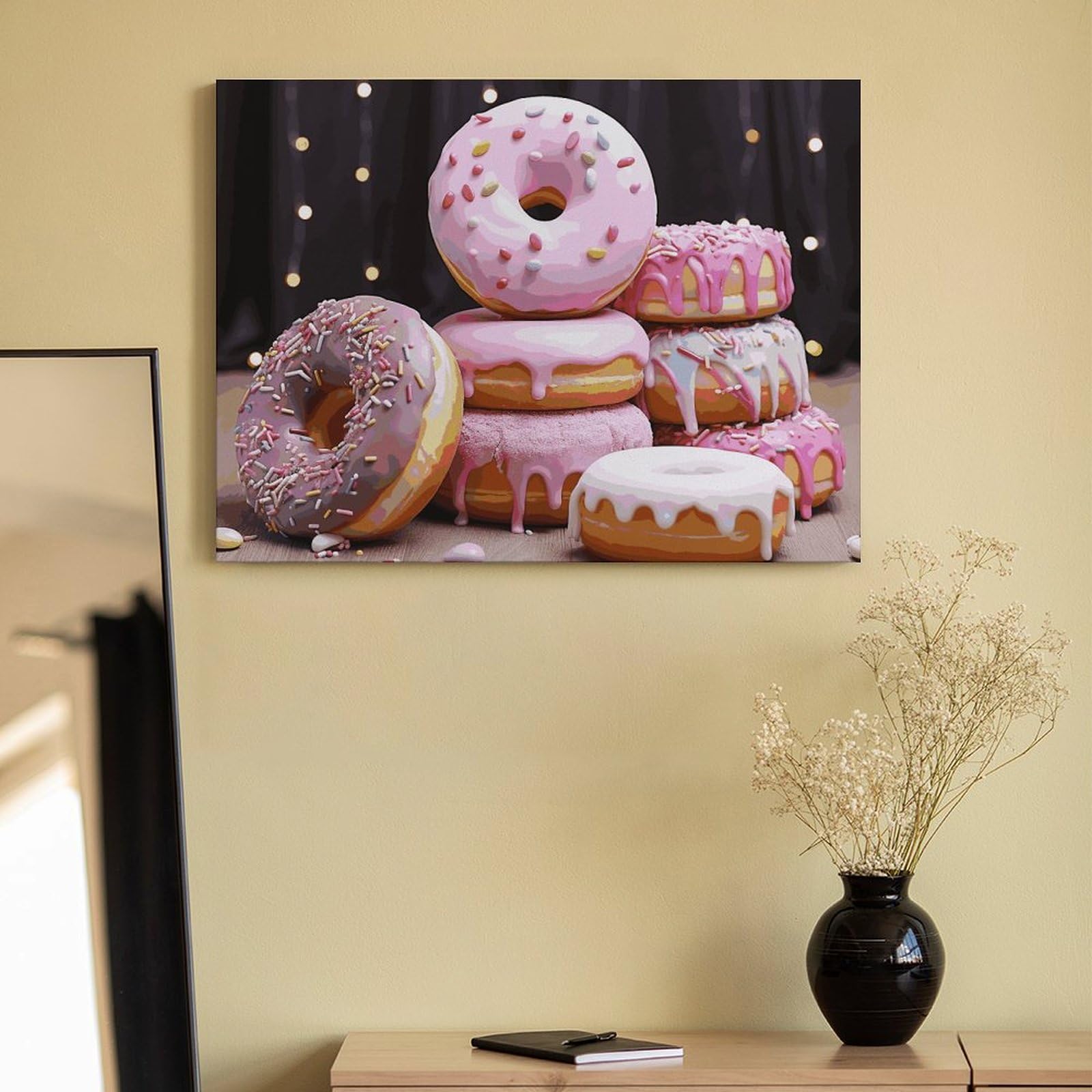 BVNMT Malen nach Zahlen, Motiv: Donut-Kuchen, bedrucktes Leinwand-Ölgemälde mit Rahmen, 40,6 x 30,5 cm, für Erwachsene, Anfänger, Malen nach Zahlen, für Geschenke, Heimdekoration, Wanddekoration
