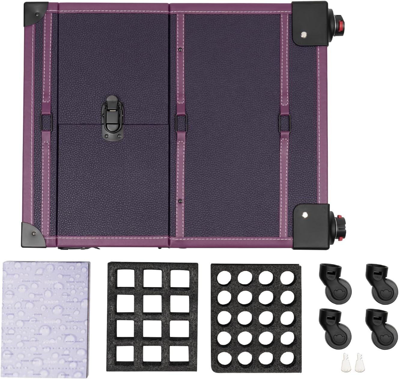 Makeup Rolling Train Case Aluminum Trolley Professional Cosmetic Organizer Box Large Capacity Trolley Makeup Travel Case with Mirror Compartments and 4 Universal Wheels for Esthetician (Purple)