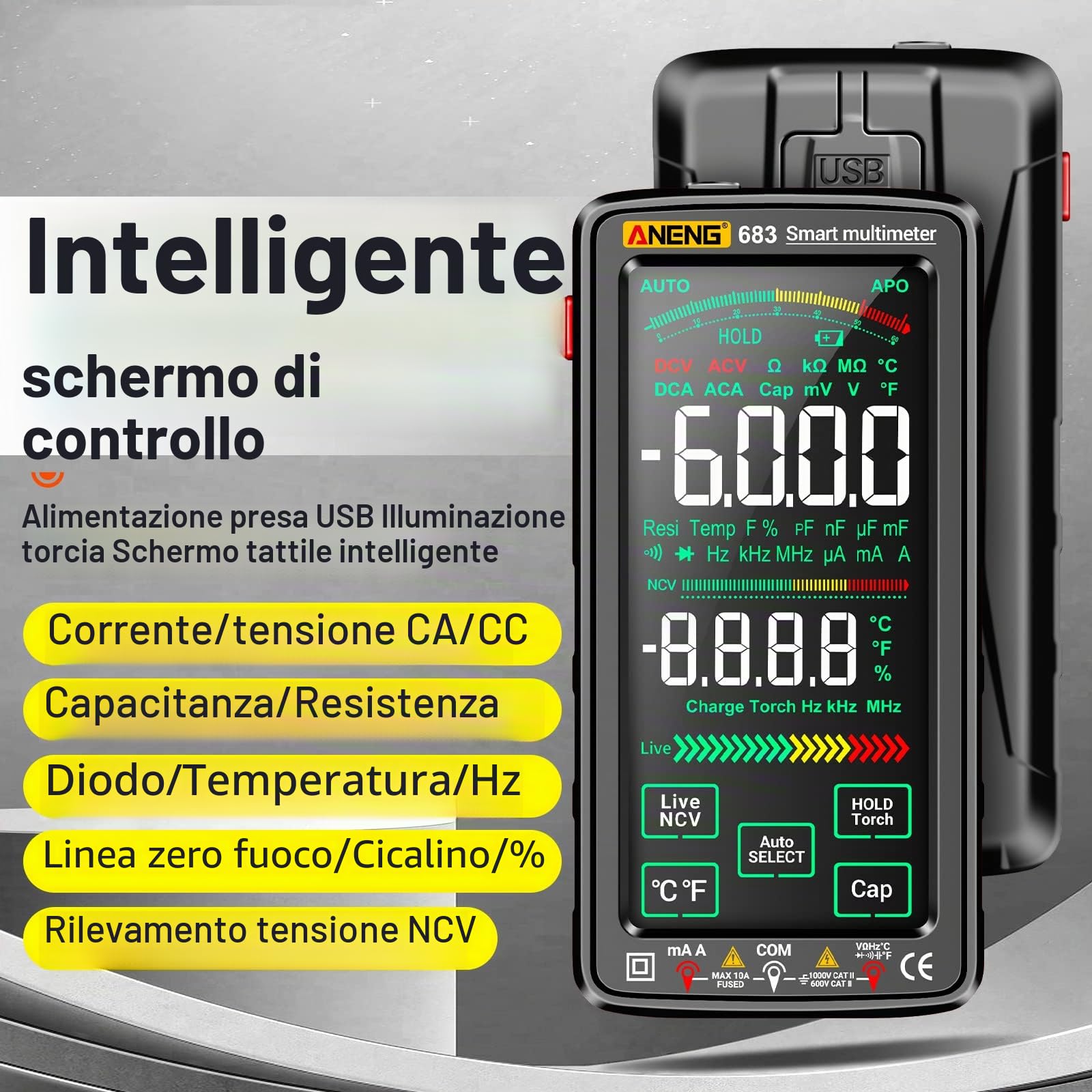 Irfora 683 6000 Counts Grande Multimetro Digitale Touch Screen Smart Anti-Burn Misuratore Universale Ricaricabile VA Reverse Display Tester NCV con Torcia per Tensione, Corrente, Resistenza,