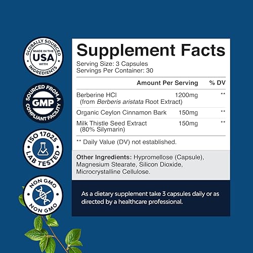 Miniatura 11 de Balancing Berberine Plus 1200mg por porción Complejo – Berberina antioxidante con cápsulas de canela de Ceilán más extracto de cardo mariano