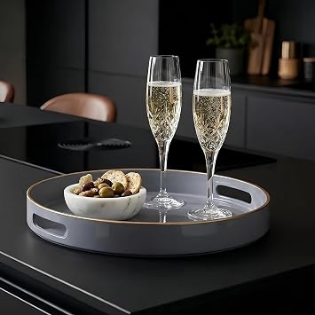 Decorative Tray, Round Plastic Tray with Handles, Modern Vanity Tray and Serving Tray for Ottoman, Coffee Table, Kitchen and Bathroom, Size 13 Gray