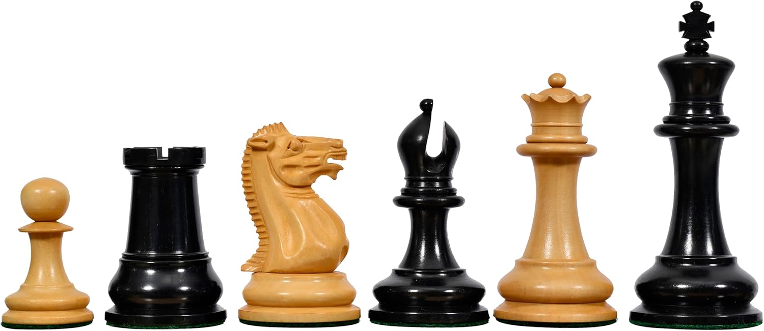 Reproduced 1849 Original Staunton Pattern Wooden Heavy Chess Pieces – Ebony & Boxwood – 3.75″ King with King Side Stamping – Weighted Tournament Staunton Chessmen Set for Collectors & Professionals