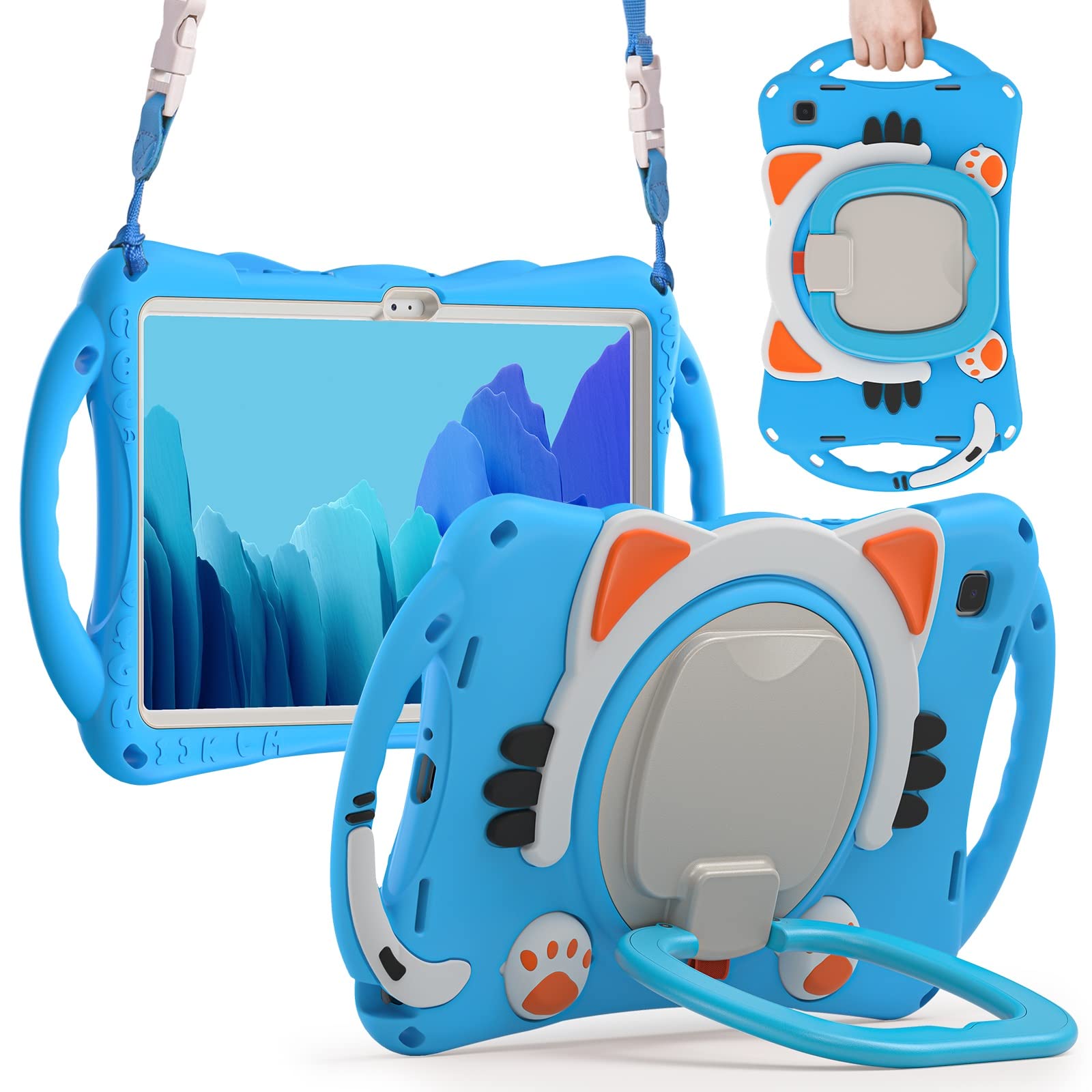Coque Compatible avec Samsung Galaxy Tab A7 10,4" T500/T505 (2020) Chat Mignon for Enfants Housse de Protection Anti-Chocs béquille rotative + poignée + bandoulière(Light Blue)