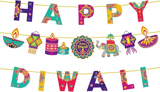 Happy Diwali Banners Decoration, Deepavali Candle Bunting Signs Indian Festival of Lights Paper Hanging Ornament Diya Rangoli Pennant Garlands Photo Booth Props for Diwali Party Supplies