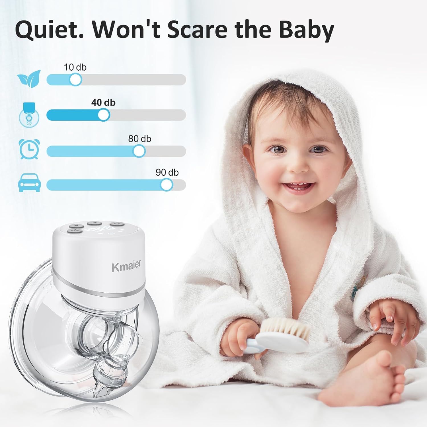 Image illustrating the low noise level of the kmaier S12 breast pump, showing a baby sleeping peacefully next to the pump.