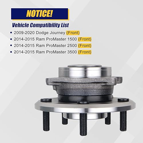 Miniatura 6 de KUSATEC 513286 Conjunto de rodamiento de rueda delantera y cubo compatible con Dodge Journey 2009-2017, Ram ProMaster 1500 2500 3500 2014-2015,