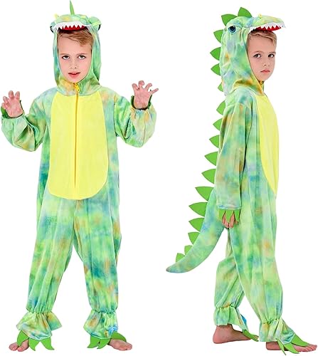 DearSun Disfraz de dinosaurio T-Rex para niños, disfraz de dinosaurio con capucha (XL130, verde)