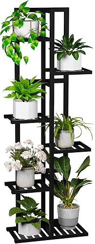 Soporte de bambú de 6 niveles para plantas de interior, soporte alto de madera para flores, estante esquinero para múltiples plantas (negro)
