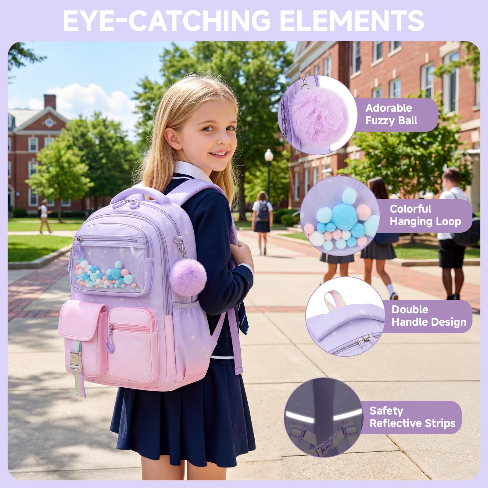 Amythe Mochila para Niñas, Mochila Escolar Niña Ergonómica con Rayas Reflexivas, Mochila Primaria Infantil de Ocio con Lindo pompón para Escuela y Viajes, 20L, Rosa-Violeta